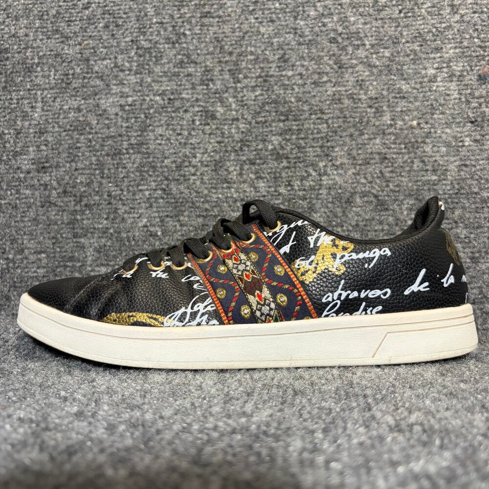 Desigual Women 8 Black Cosmic Exotic Print Leather Sneakers Casual Lace Up Shoes
